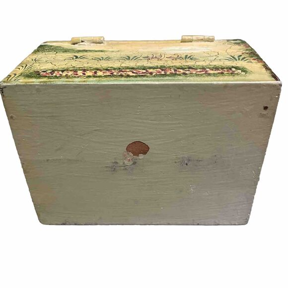 Vintage Painted Wooden Hinged Box Yellow Floral Garden Scene Crackled 6.5x5x5.5 - Picture 8 of 12